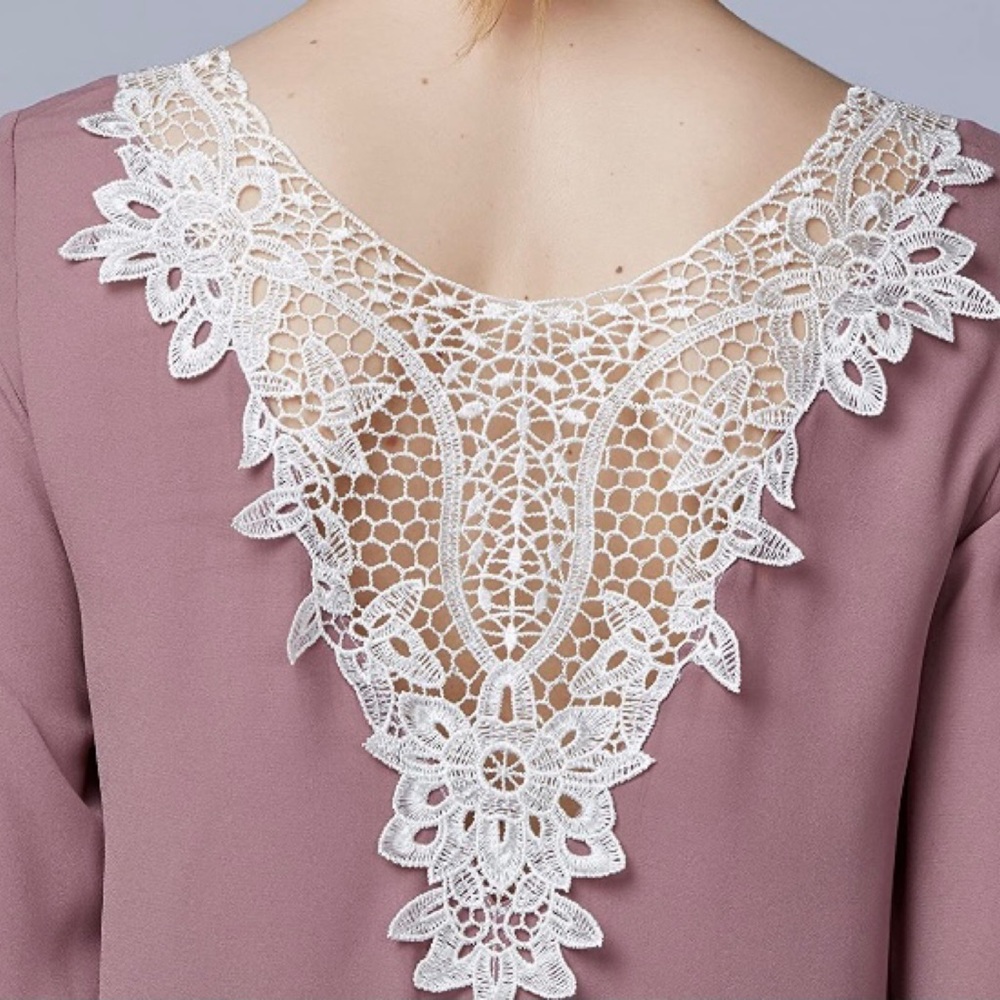 Crochet Lace Back Bell Sleeves Rose Chiffon Blouse - Picture 3 of 8